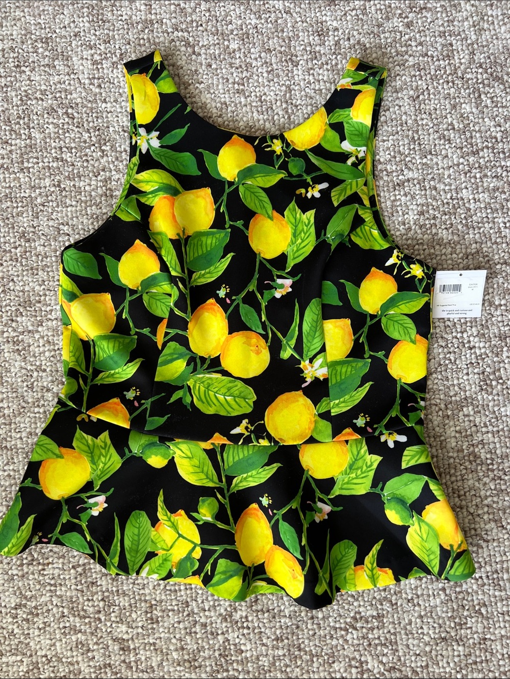 Alexia Admor Black Peplum Tank Top with Yellow Lemon & Green Leaf Print, Medium